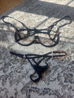 Victoria's Secret Black Strappy Bra & Thong Set with Gold Chain Accents